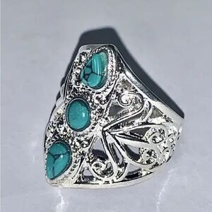 Vintage Style Silver Plate Ring With Stones Encrusted Turquoise